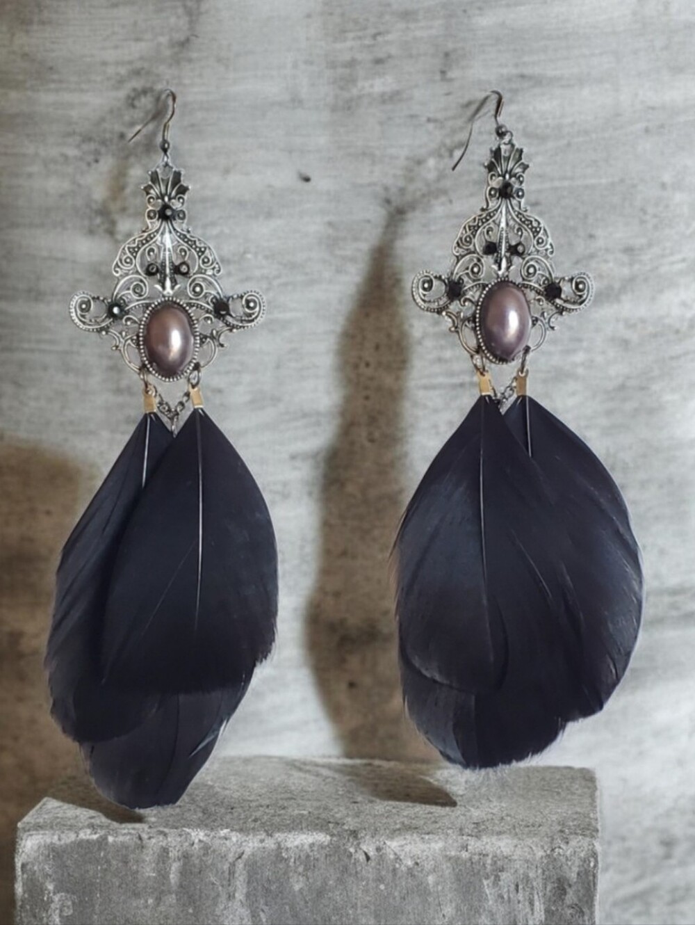 Vtg. Bohemian Style Black Feathers Faux Pearl Statement Earrings